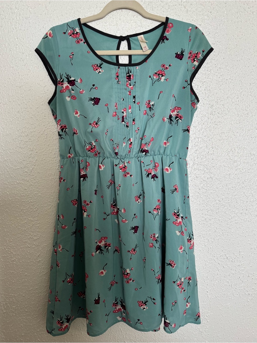 Girls Mint Green Floral Dress with Black Trim